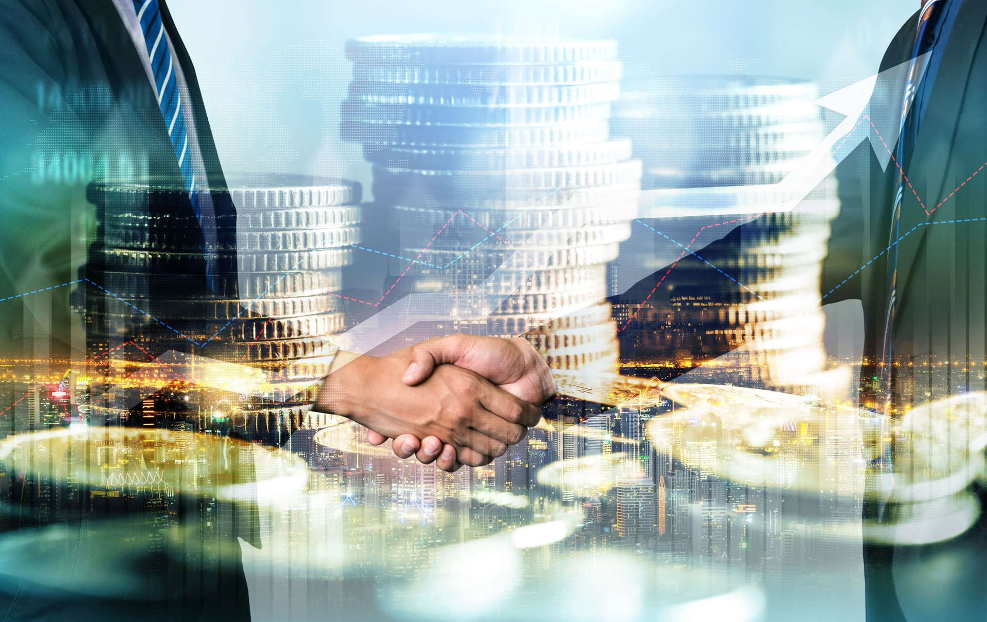 Business handshake on finance prosperity and money technology asset background