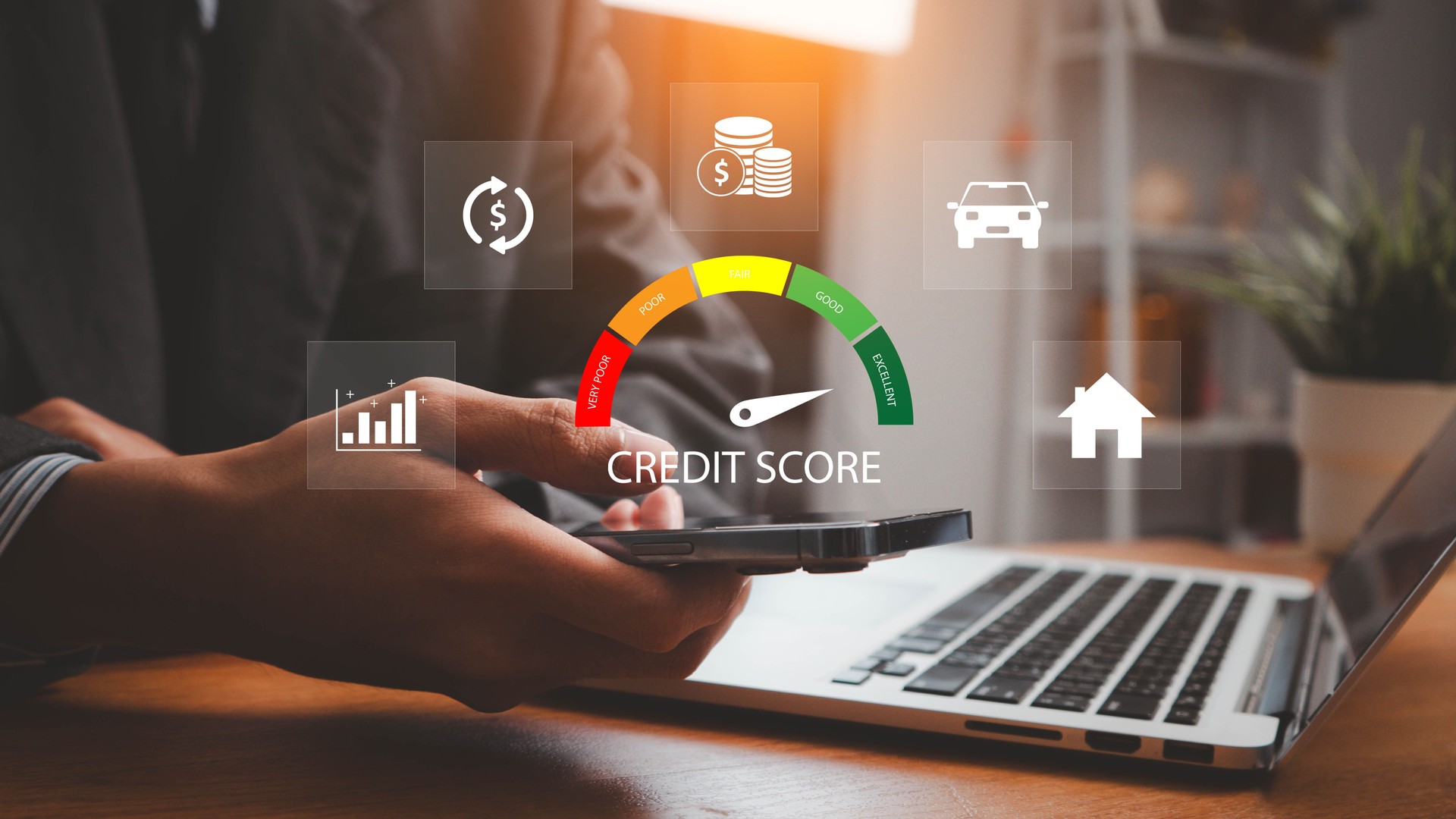 Businessman evaluate customer statistical data with credit score icon. Credit score concept.  Online credit score ranking check. Loan, mortgage and payment cards.
